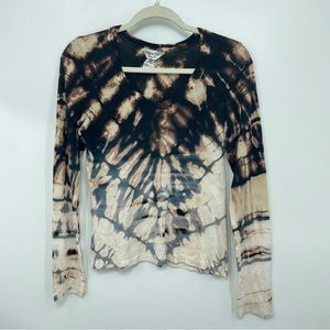 Hard Tail Forever Sz S Tie Dye Shirt Top Long Sleeves Ribbed V Neck cream brown